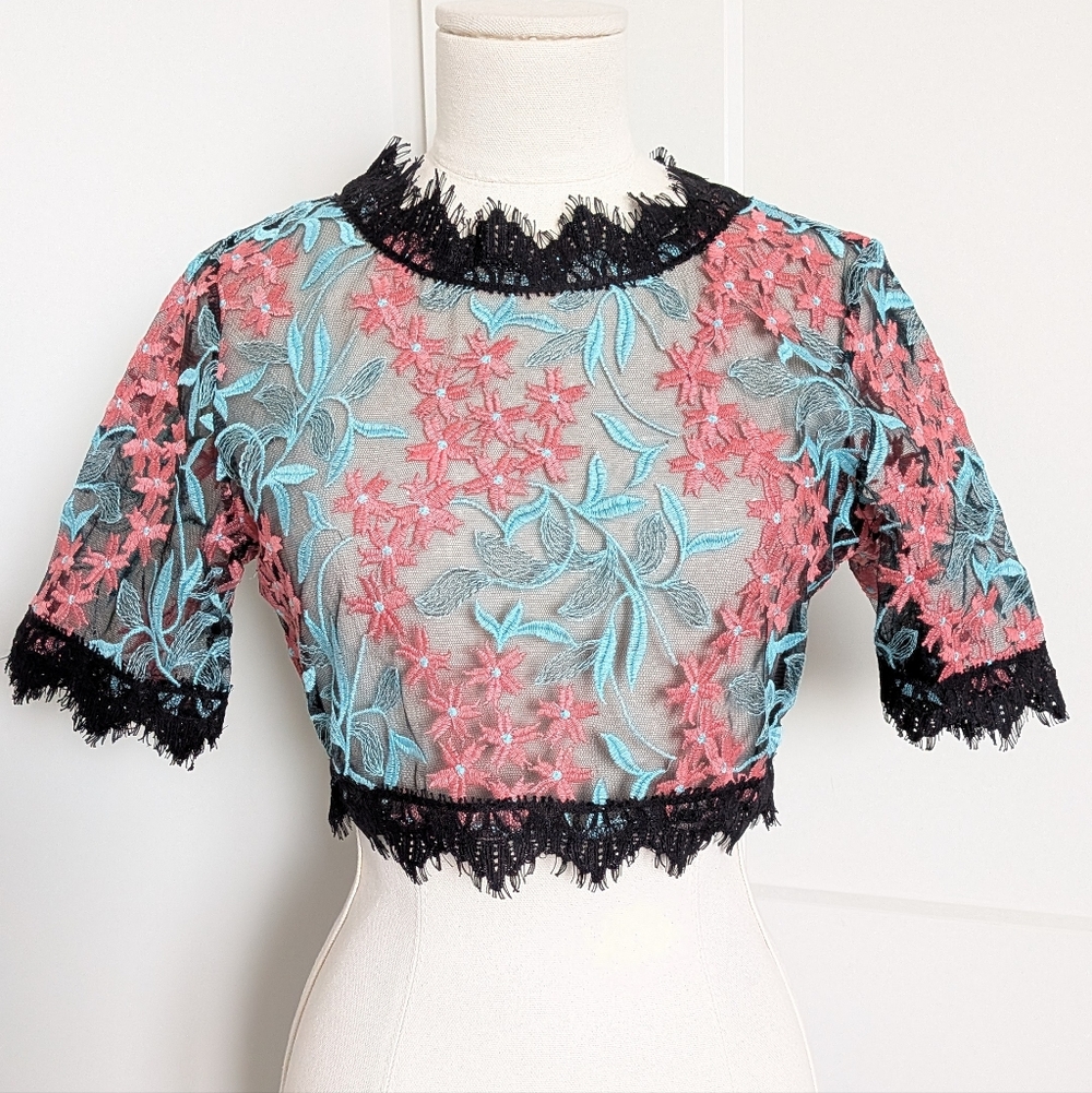 Luxxel NWOT Black Sheer Coral Floral Embroidered Eyelash Lace Crop Top Small